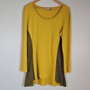 Chalet Tunic Top Yellow Brown Stripe Insets Long Sleeves Asymm Hem Lagenlook XL